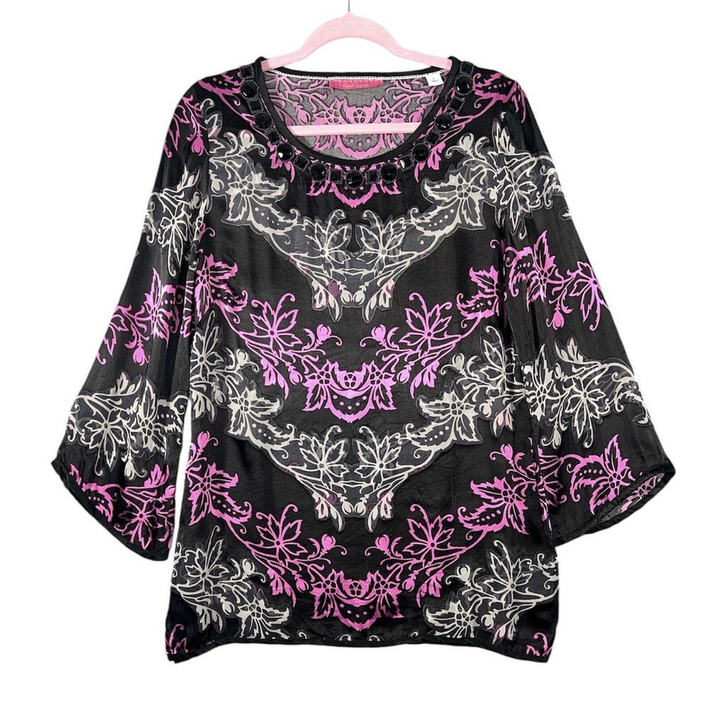 Robert Graham Tunic Blouse Womens L Black Silk Blend Beaded Burnout Floral